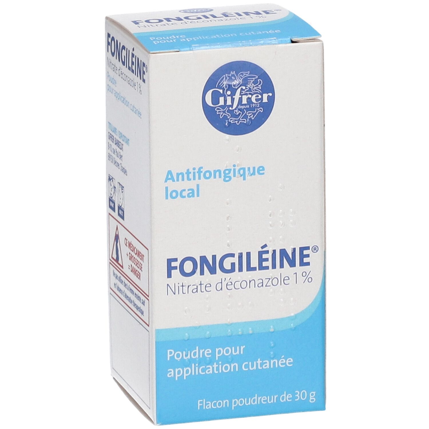 Boîte blanche et bleue. Inscription: FONGILÉINE, antifongique local, Nitrate d'éconazole 1%. Avertissement.