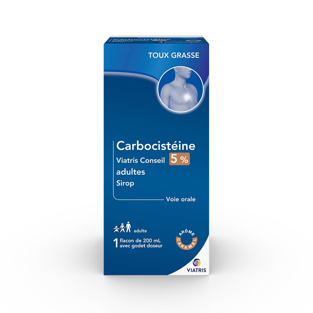 Boîte bleue et blanche Carbocistéine Viatris Conseil 5% adultes Sirop. Contient 200 ml et un godet doseur. Logo Viatris.