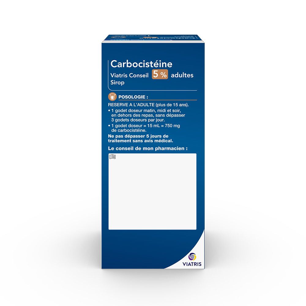 Dos de la boîte Carbocistéine Viatris Conseil 5% adultes Sirop. Contient les instructions de dosage et le logo Viatris.
