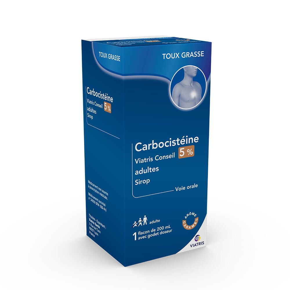Boîte Carbocistéine Viatris Conseil 5% adultes Sirop. Emballage bleu et blanc. Contient 200 ml et un godet doseur. Logo Viatris.
