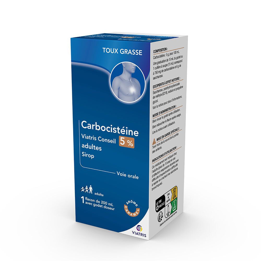 Boîte Carbocistéine Viatris Conseil 5% adultes Sirop. Contient des informations sur les ingrédients et l'utilisation. Logo Viatris.