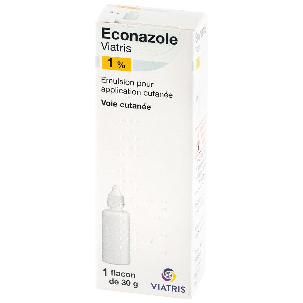 Boîte de ECONAZOLE VIATRIS 1% SOLUTION. Contient un flacon et des informations. Emballage blanc avec texte bleu.