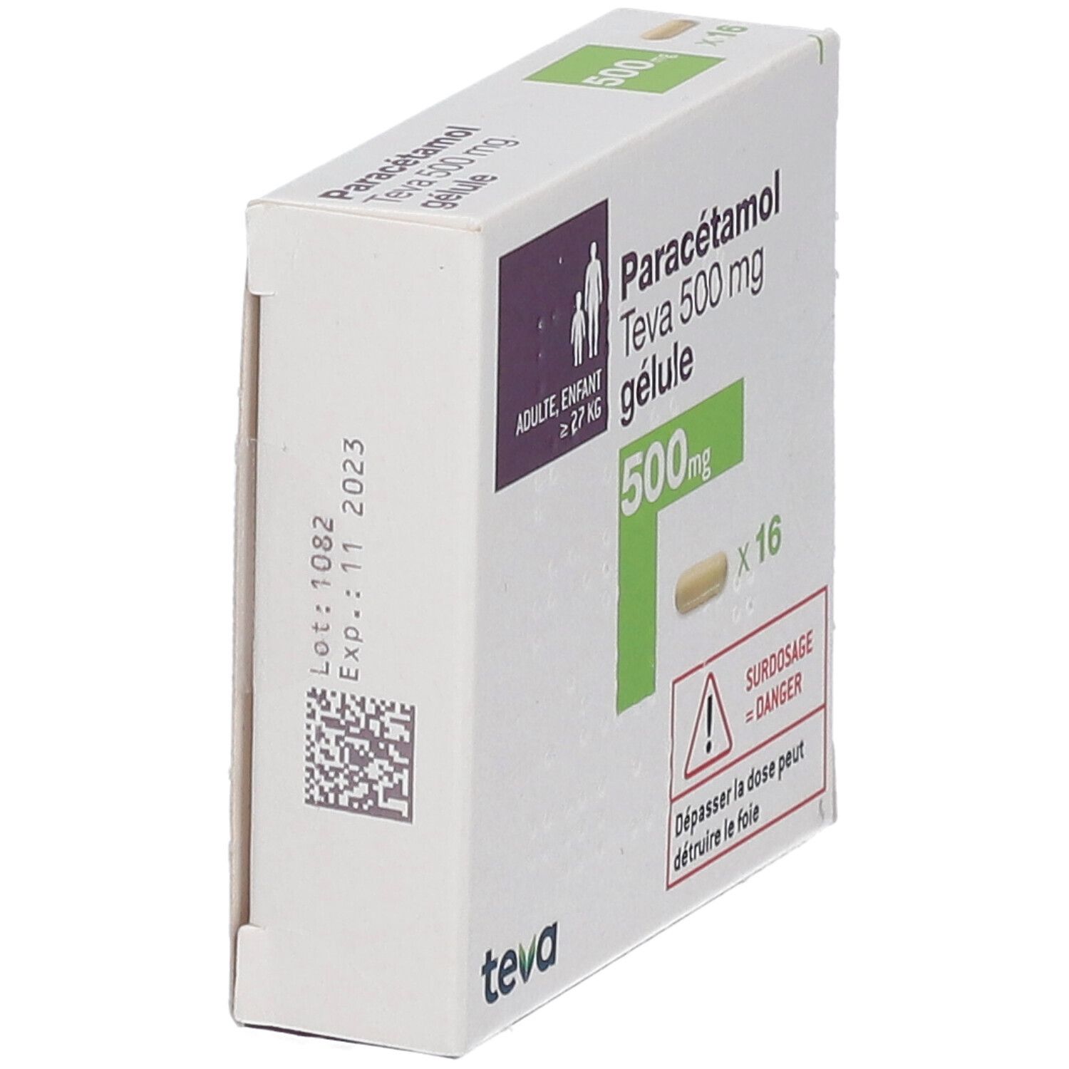 Boîte Paracétamol Teva 500 mg. Inscription : Adulte, enfant ≥ 27 kg. Code QR et date de péremption. Avertissement : Surdosage = Danger.