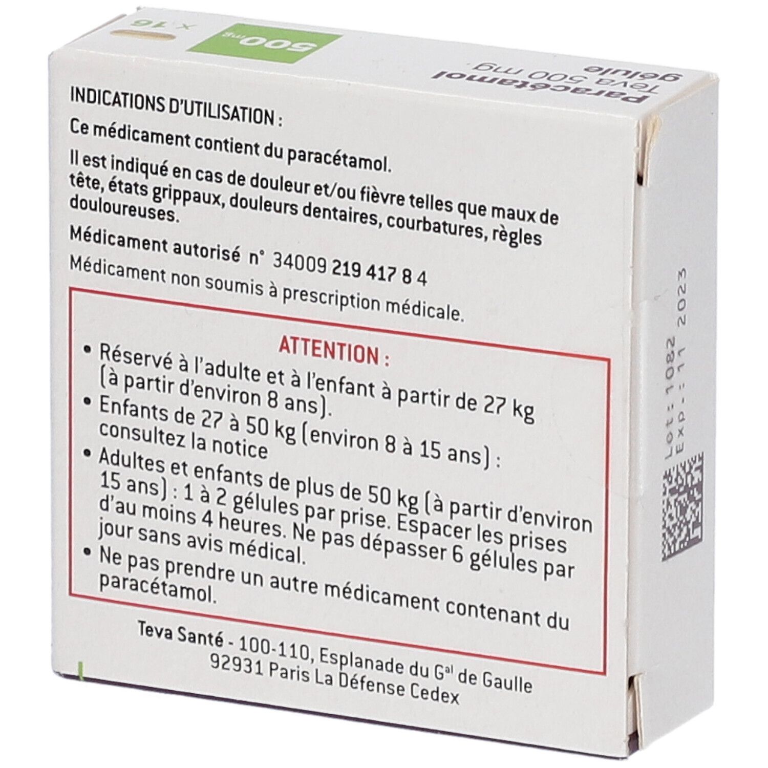 Dos de la boîte Paracétamol Teva 500 mg. Texte sur les indications, la posologie et les avertissements. Adresse Teva Santé.