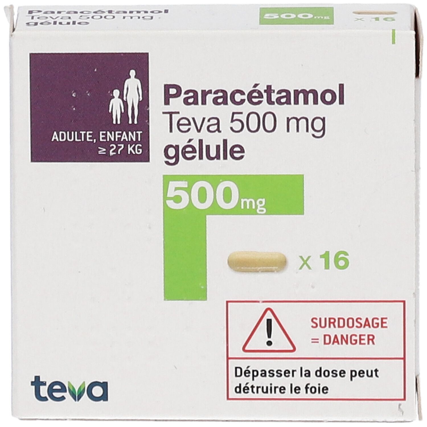 Boîte Paracétamol Teva 500 mg, 16 gélules. Inscription : Adulte, enfant ≥ 27 kg. Avertissement : Surdosage = Danger. Logo Teva.