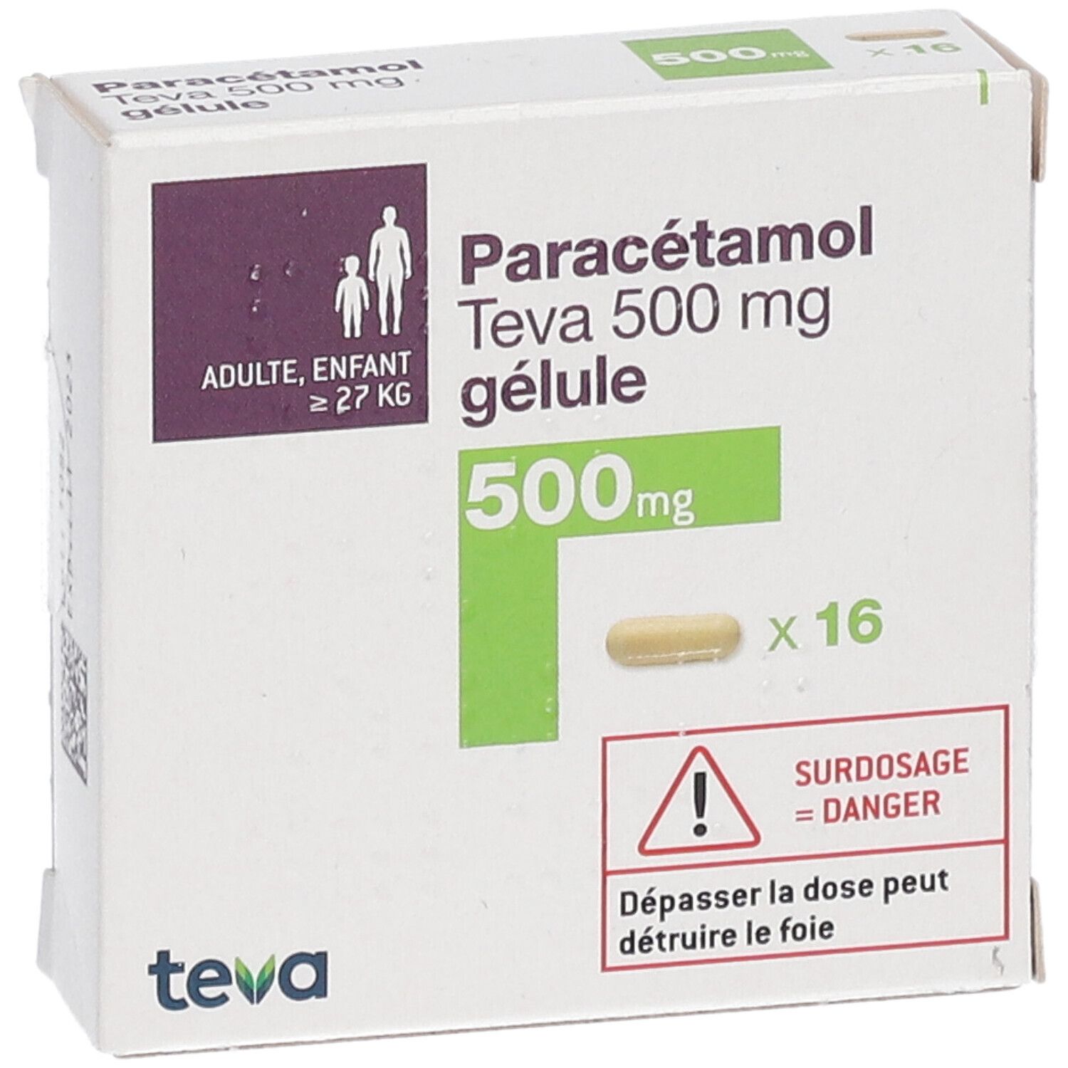 Boîte Paracétamol Teva 500 mg, 16 gélules. Inscription : Adulte, enfant ≥ 27 kg. Avertissement : Surdosage = Danger. Logo Teva.