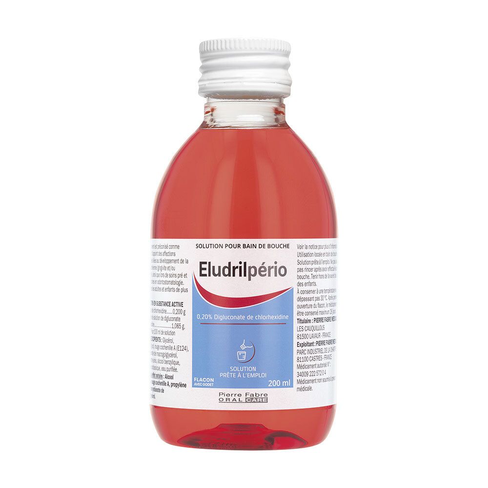 Flacon d'Eludrilpério, solution pour bain de bouche. Liquide rouge. Avec bouchon à vis. Pierre Fabre Oral Care. 200 ml.