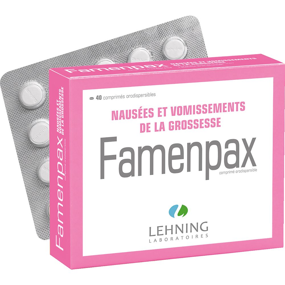 Boîte rose et plaquette de comprimés. Inscription : Famenpax, 40 comprimés, pour nausées et vomissements de grossesse. Logo Lehning.