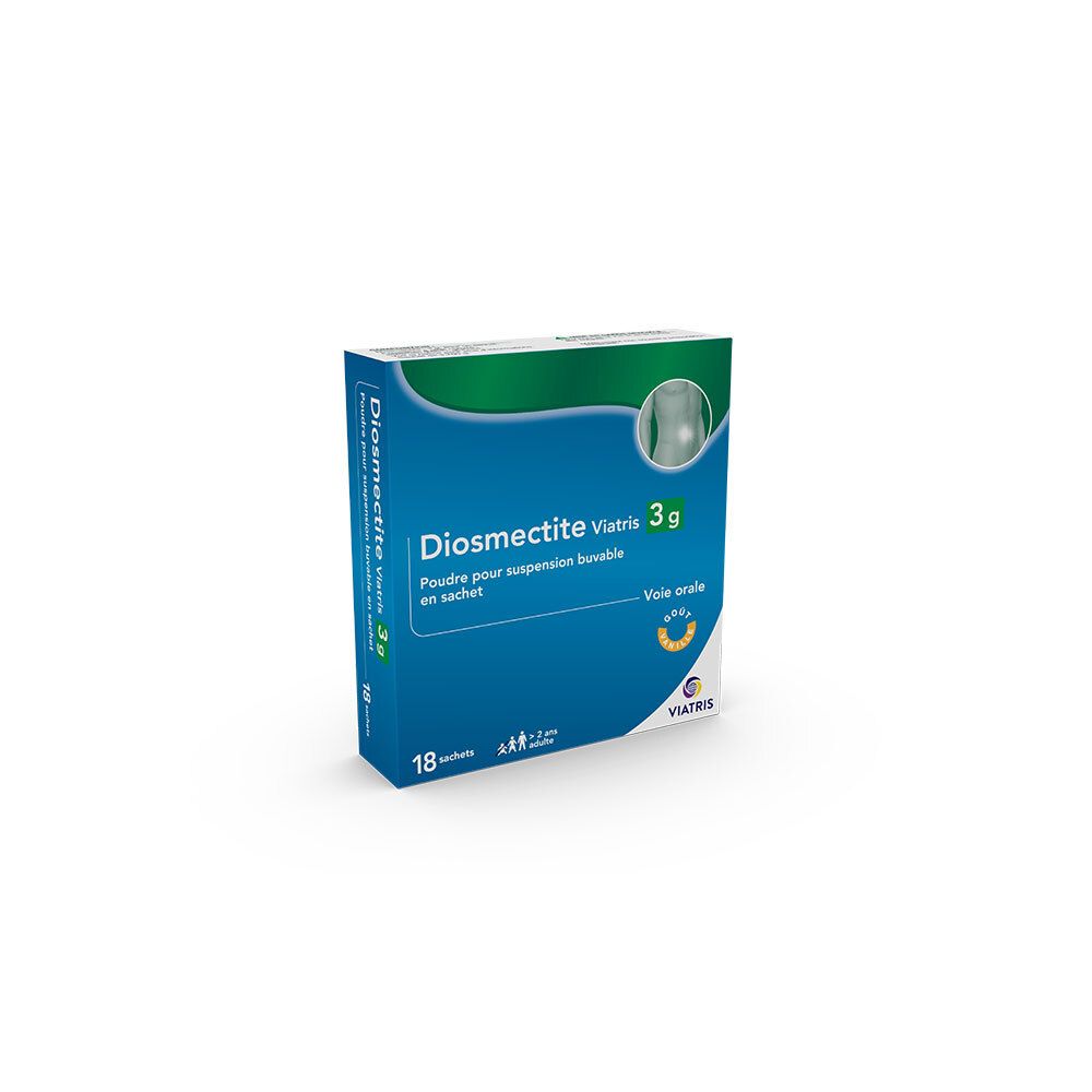 Boîte Diosmectite Viatris 3g, bleu et blanc. 18 sachets. Inscription: Poudre pour suspension buvable en sachet. Voie orale.