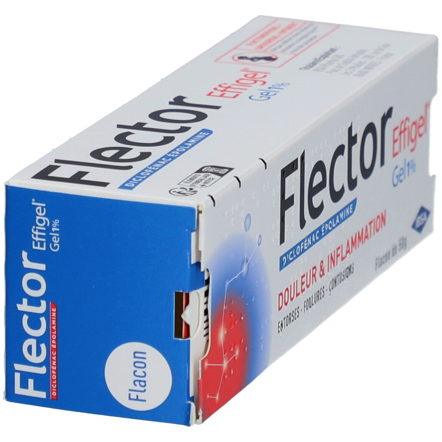 Boîte FlectorEffigel Gel 1%, bleu et blanc. Texte: Douleur & Inflammation. Flacon. Logo IB SA. Vue latérale.