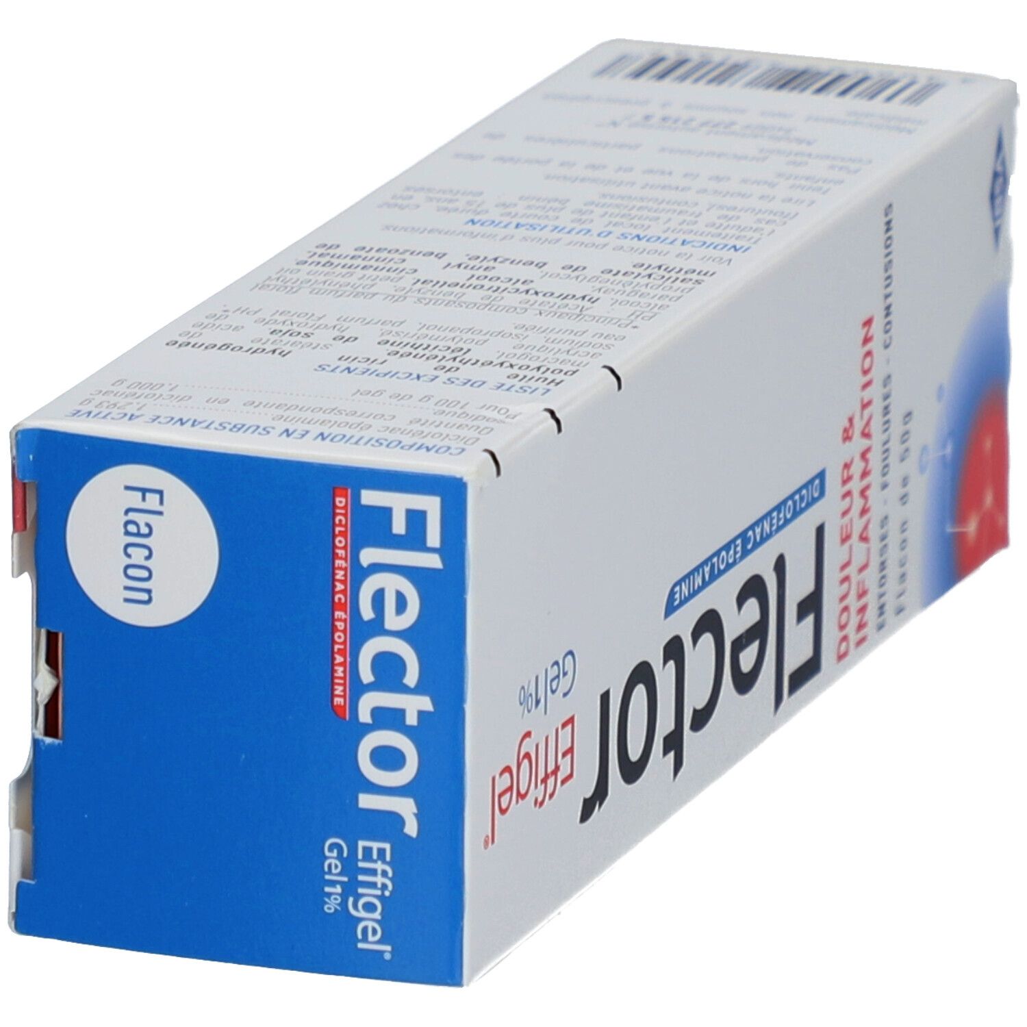 Boîte FlectorEffigel Gel 1%, bleu. Texte: Douleur & Inflammation. Flacon. Vue latérale.