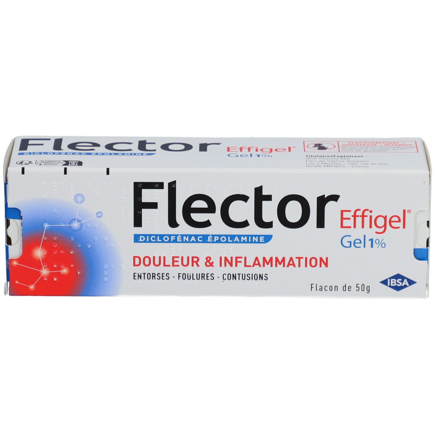 Boîte FlectorEffigel Gel 1%. Texte: Douleur & Inflammation, entorses, foulures, contusions. Flacon de 50g. Logo IB SA.