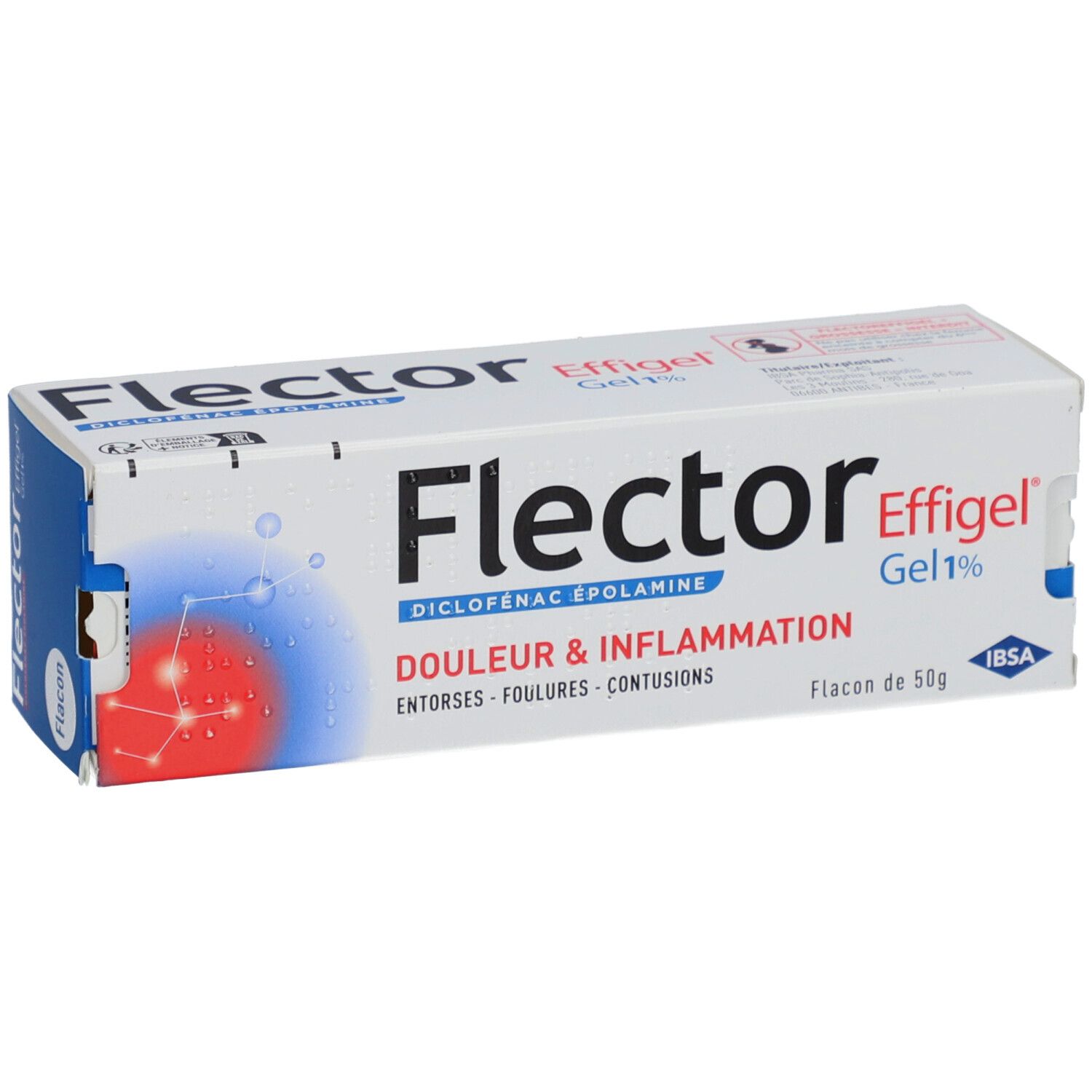Boîte FlectorEffigel Gel 1%. Texte: Douleur & Inflammation, entorses, foulures, contusions. Logo IB SA.
