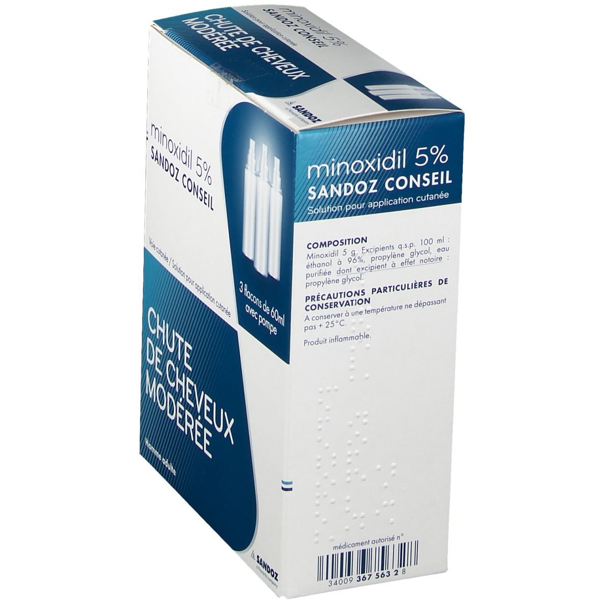 Dos de l'emballage de Minoxidil Sandoz® 5 %. Contient des informations sur la composition et les précautions.