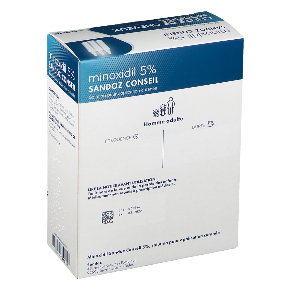 Emballage de Minoxidil Sandoz® 5 %. Contient des informations d'utilisation et des instructions. Verso de l'emballage.