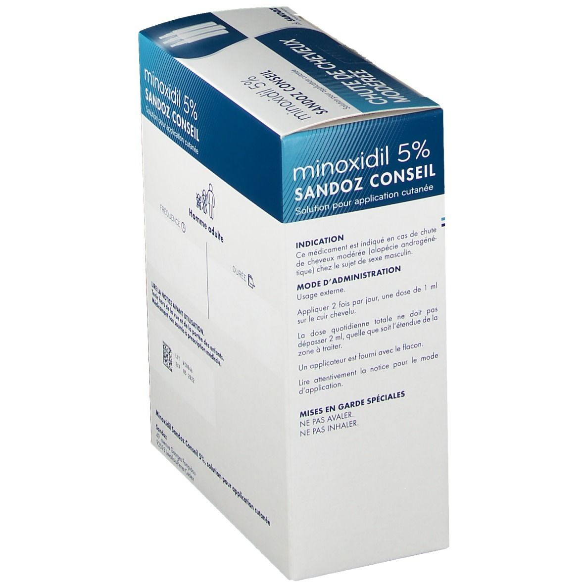 Emballage de Minoxidil Sandoz® 5 %. Contient trois flacons avec pompe. Face avant de l'emballage.