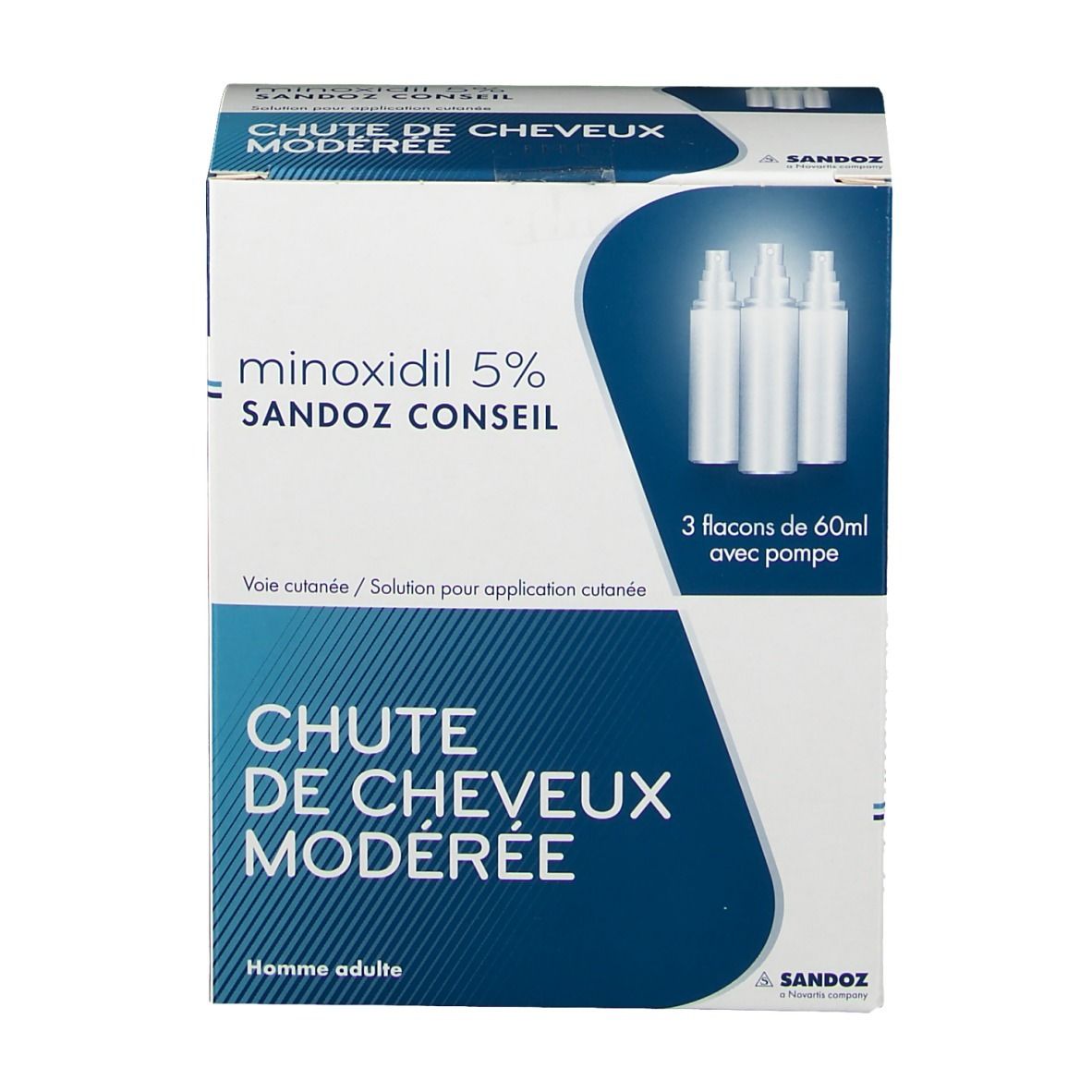 Emballage de Minoxidil Sandoz® 5 %. Contient trois flacons avec pompe. Face avant de l'emballage.