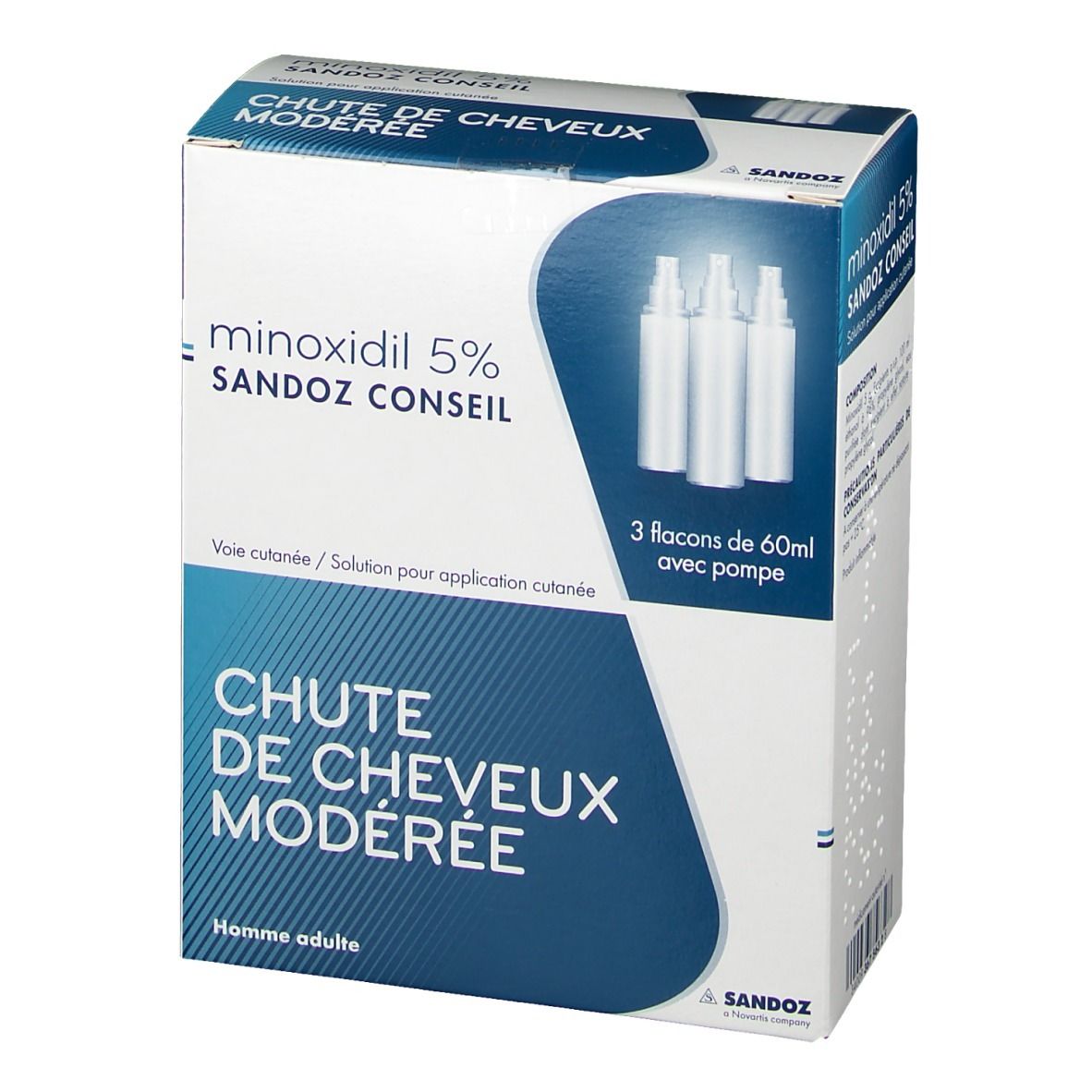 Emballage de Minoxidil Sandoz® 5 %. Contient trois flacons avec pompe. Face avant de l'emballage.