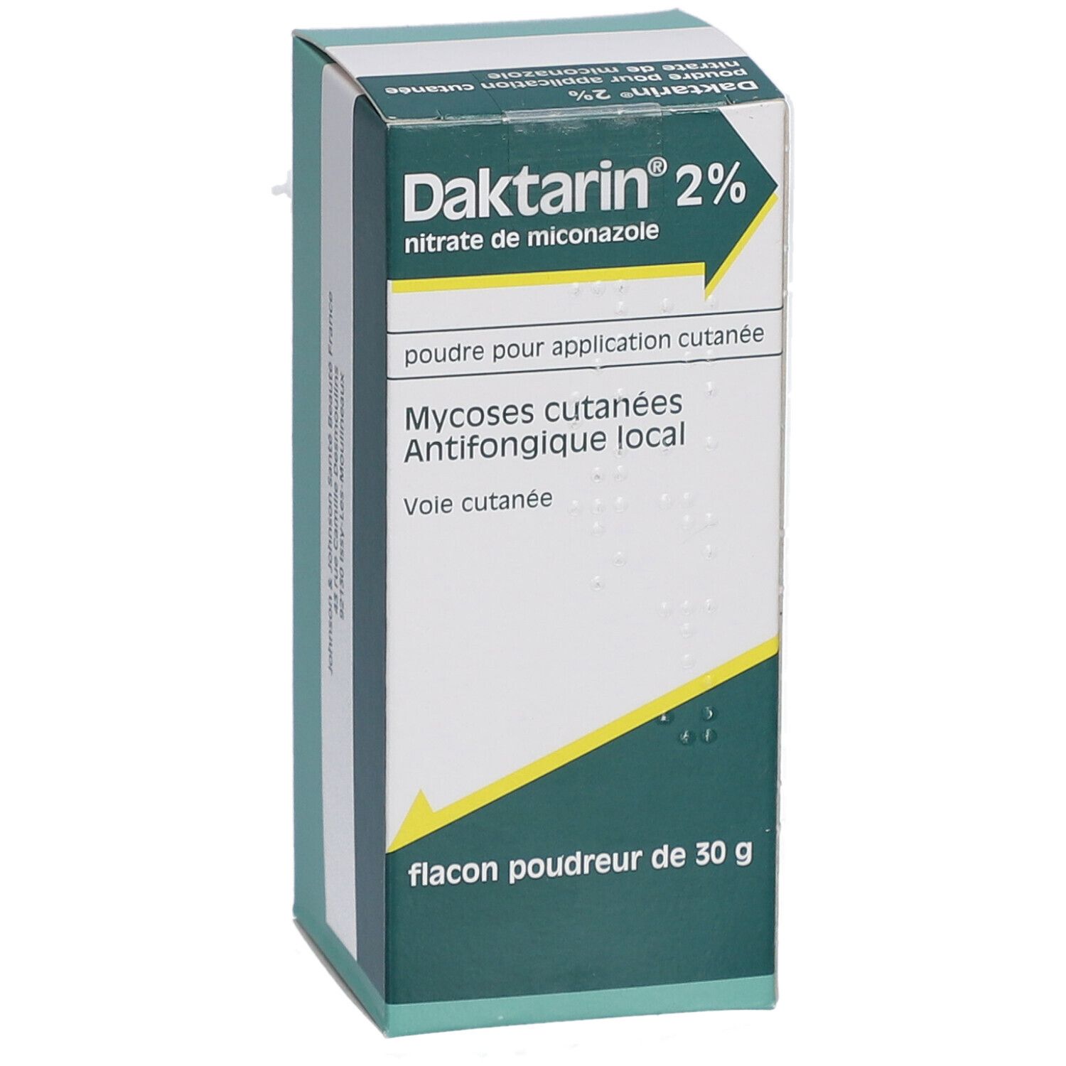 Boîte Daktarin 2%. Blanc, vert et jaune. Texte : Mycoses, antifongique, 30 g. Boîte carrée.