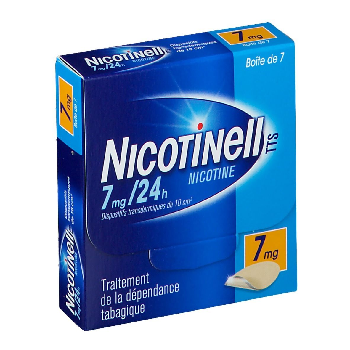 Boîte bleue Nicotinell TTS 7 mg/24 h. Contient 7 patchs transdermiques. Inscriptions : 7 mg, nicotine, traitement de la dépendance tabagique.