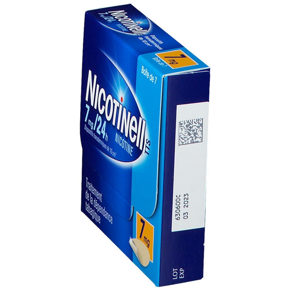 Boîte bleue Nicotinell TTS 7 mg/24 h. Inscriptions : 7 mg, nicotine, 7 patchs. Verso avec code-barres et date d'expiration.