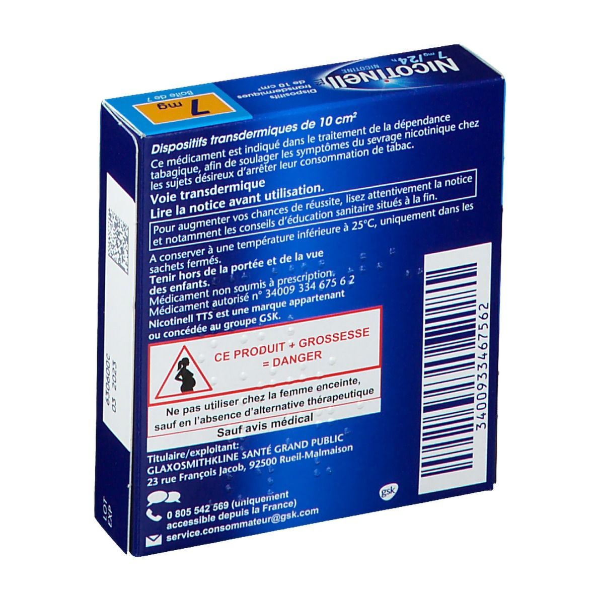 Verso de la boîte bleue Nicotinell TTS 7 mg/24 h. Texte : instructions d'utilisation, avertissements, informations fabricant, numéro de lot.