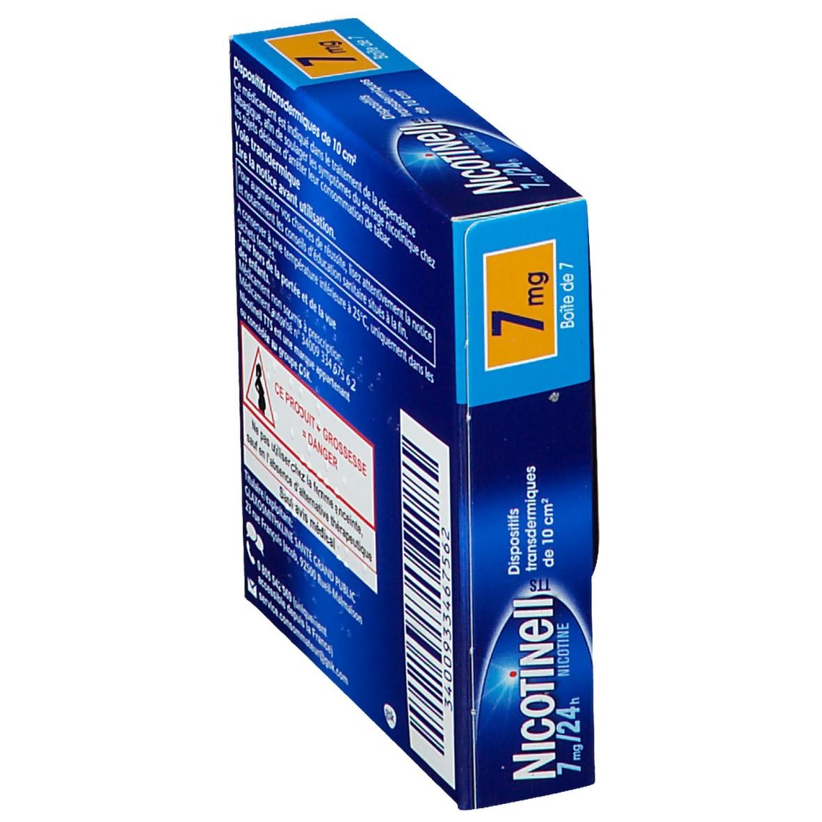Boîte bleue Nicotinell TTS 7 mg/24 h. Inscriptions : 7 mg, nicotine, 7 patchs. Verso avec texte et code-barres.