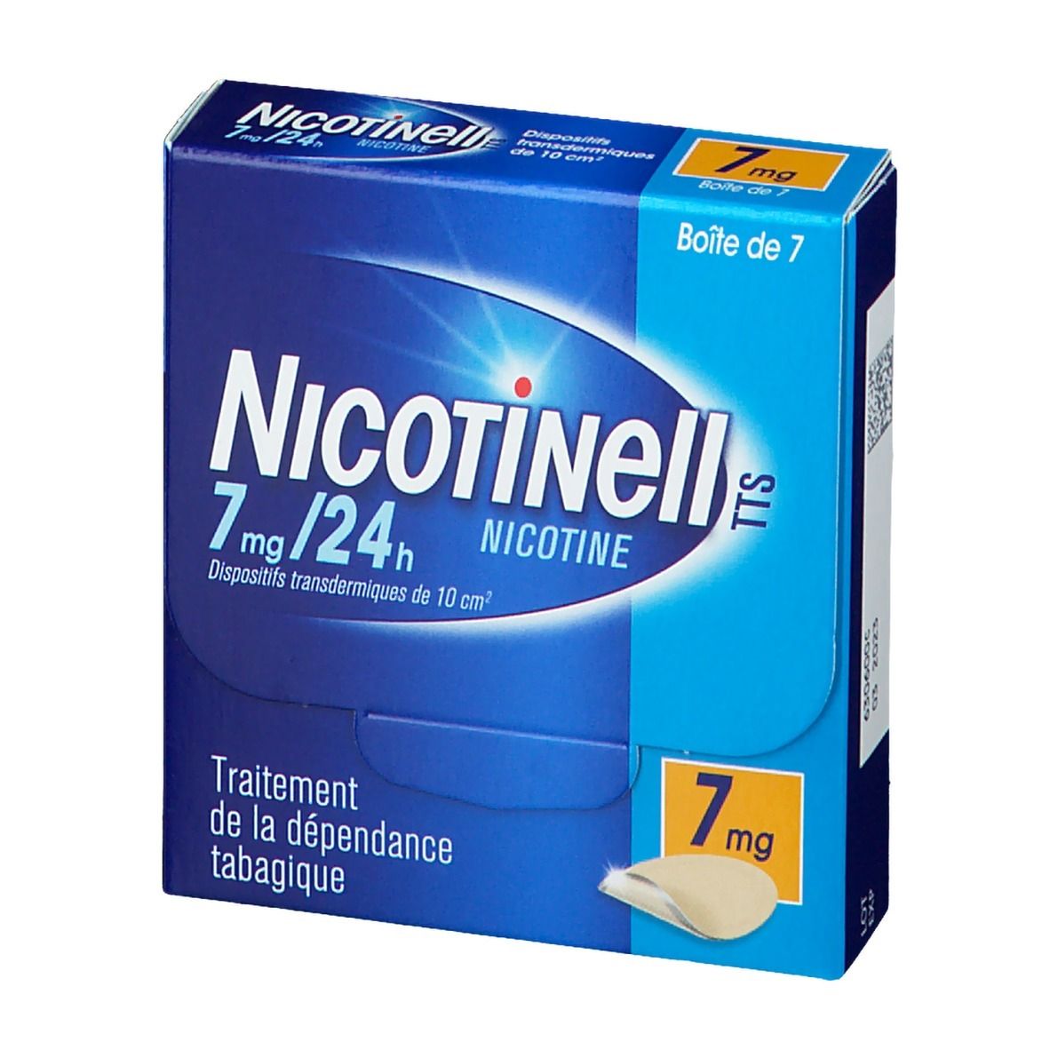 Boîte bleue Nicotinell TTS 7 mg/24 h. Contient 7 patchs transdermiques. Inscriptions : 7 mg, nicotine, traitement de la dépendance tabagique.
