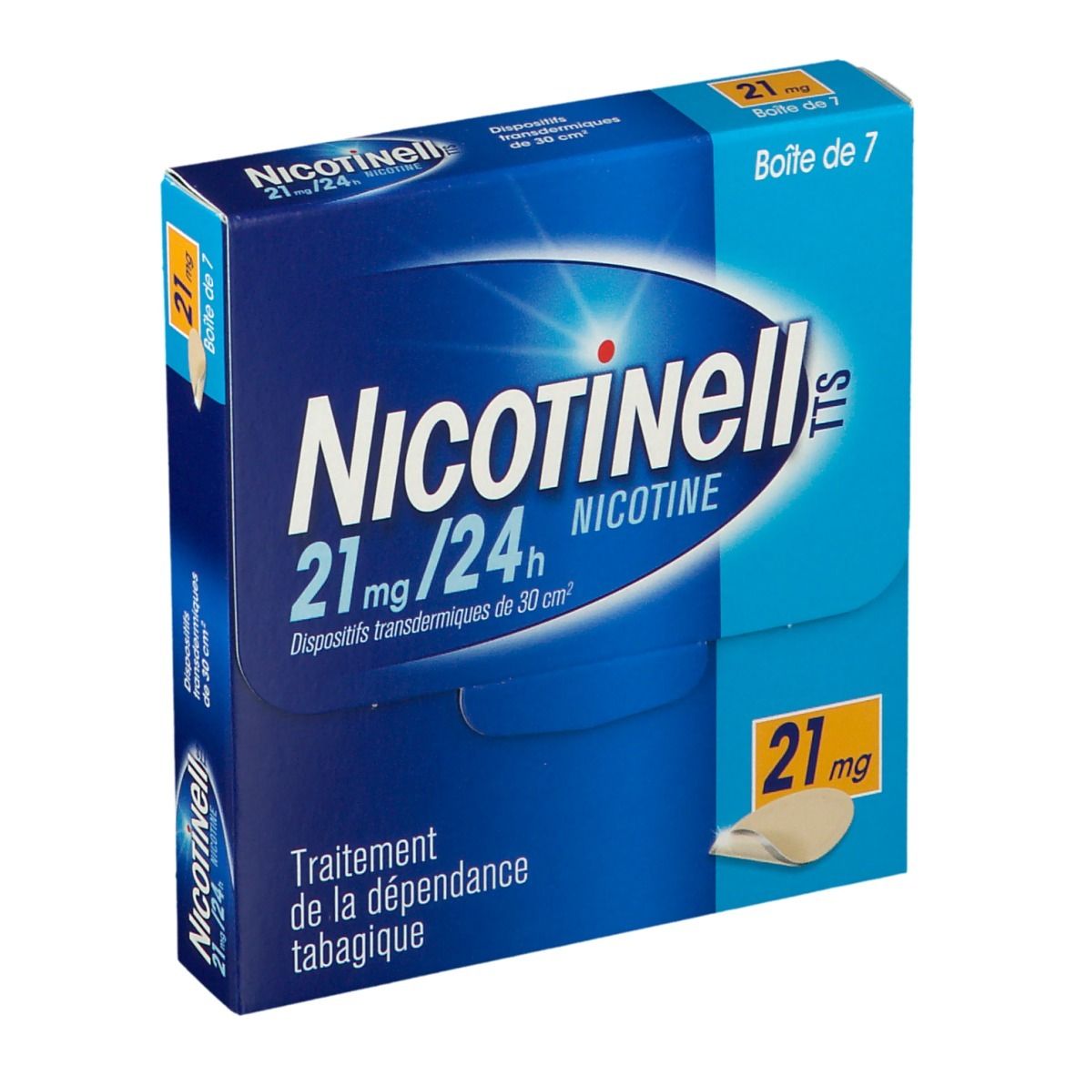 Boîte bleue Nicotinell TTS 21 mg/24 h. Contient 7 patchs. Inscription : 21 mg, nicotine. Traitement de la dépendance tabagique.