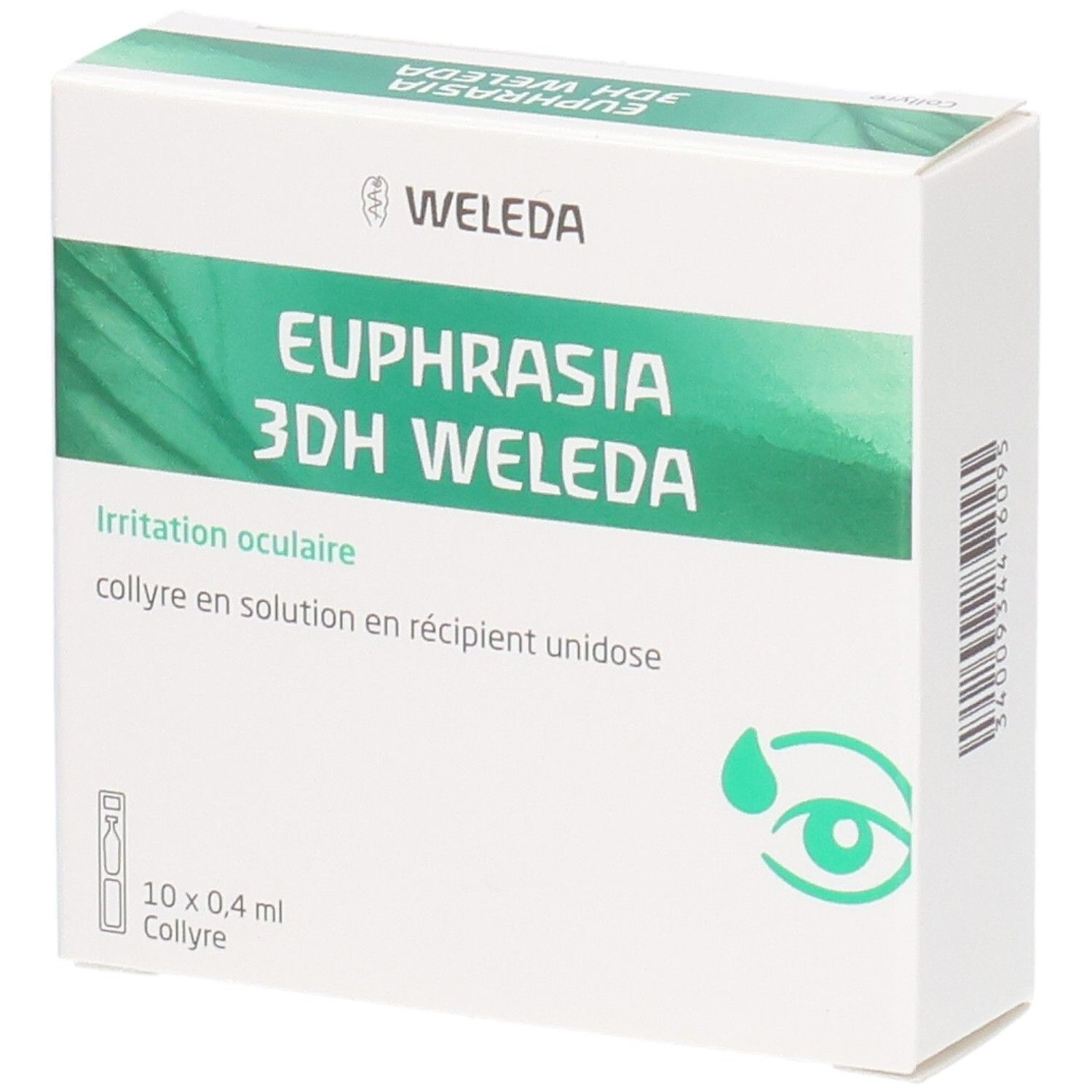 Boîte Weleda Euphrasia 3 DH. Blanche et verte. Contient des gouttes pour les yeux. Texte: Irritation oculaire, 10 x 0,4 ml.