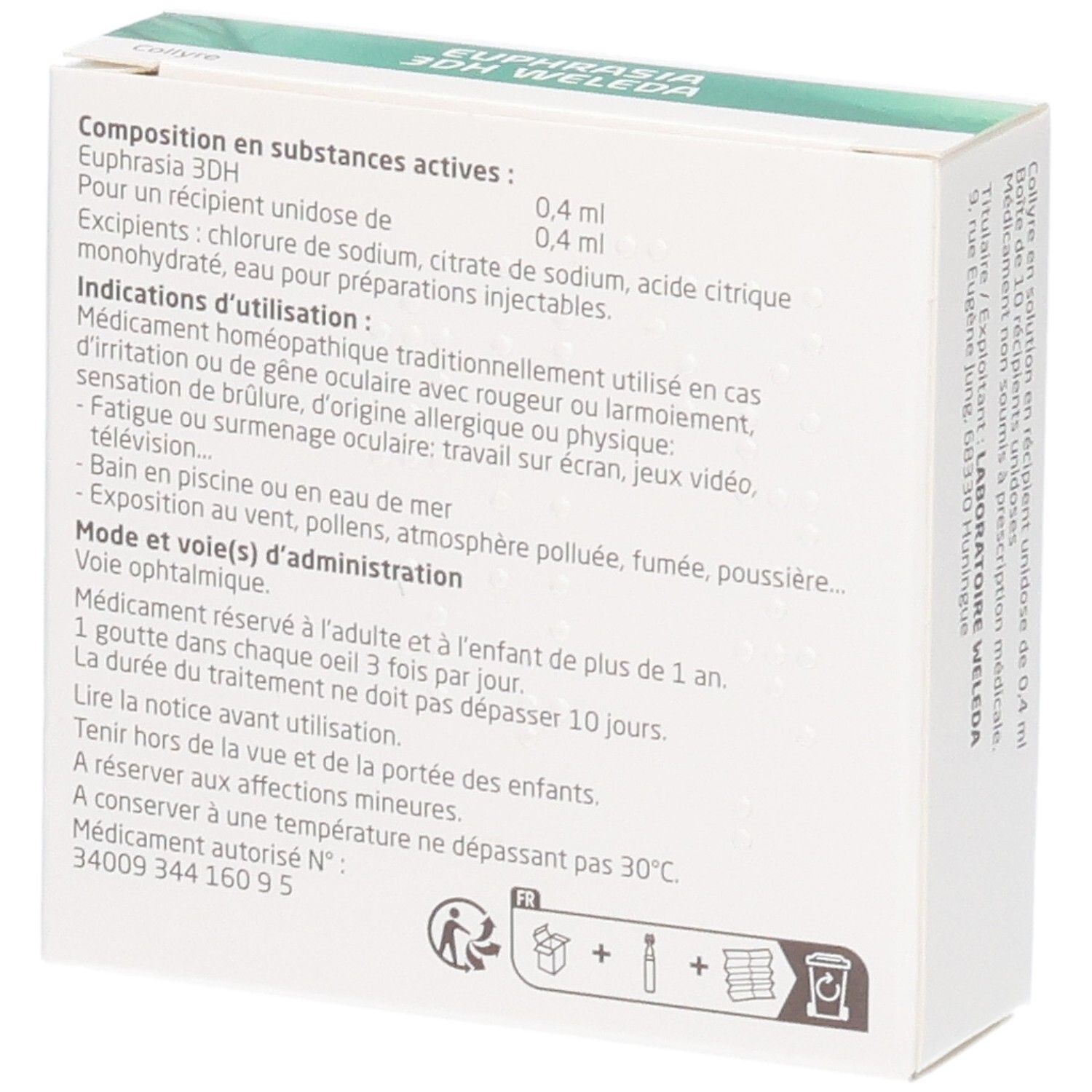 Dos de la boîte Weleda Euphrasia 3 DH. Texte en français. Contient des informations sur les ingrédients et l'utilisation.