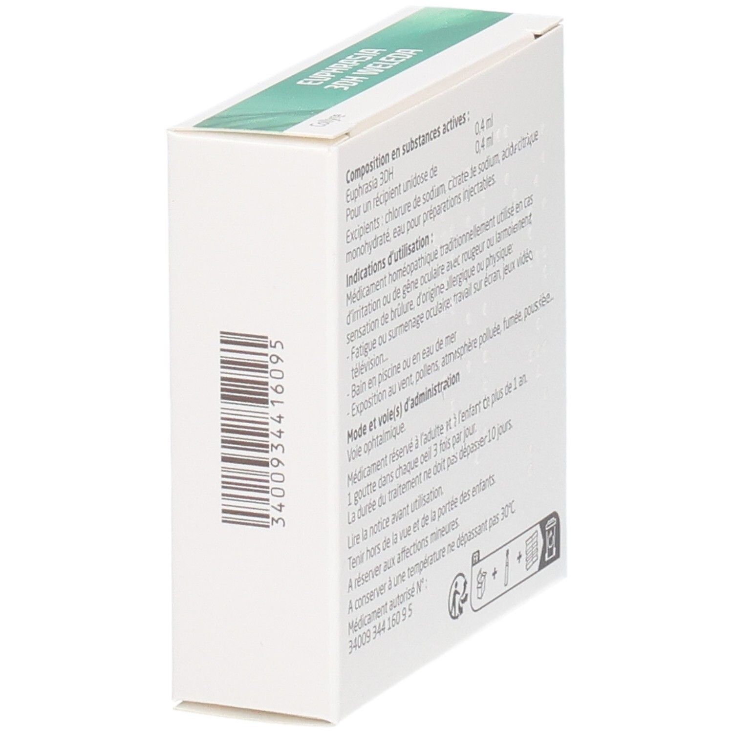 Vue latérale de la boîte Weleda Euphrasia 3 DH. Texte en français. Code-barres.