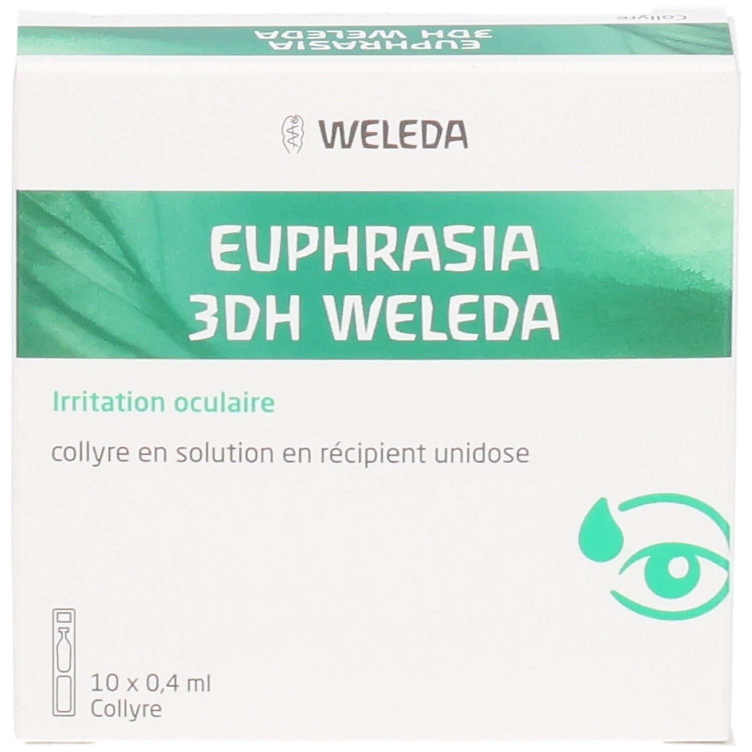 Boîte Weleda Euphrasia 3 DH. Blanche et verte. Contient des gouttes pour les yeux. Texte: Irritation oculaire, 10 x 0,4 ml.