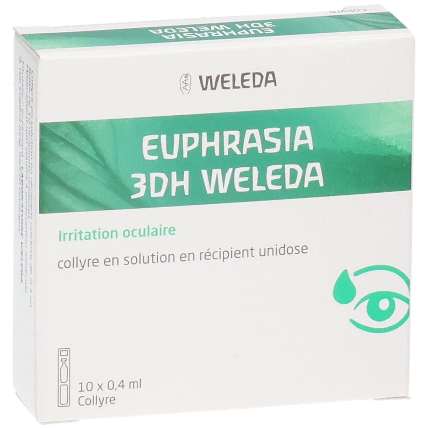 Boîte Weleda Euphrasia 3 DH. Blanche et verte. Contient des gouttes pour les yeux. Texte: Irritation oculaire, 10 x 0,4 ml.