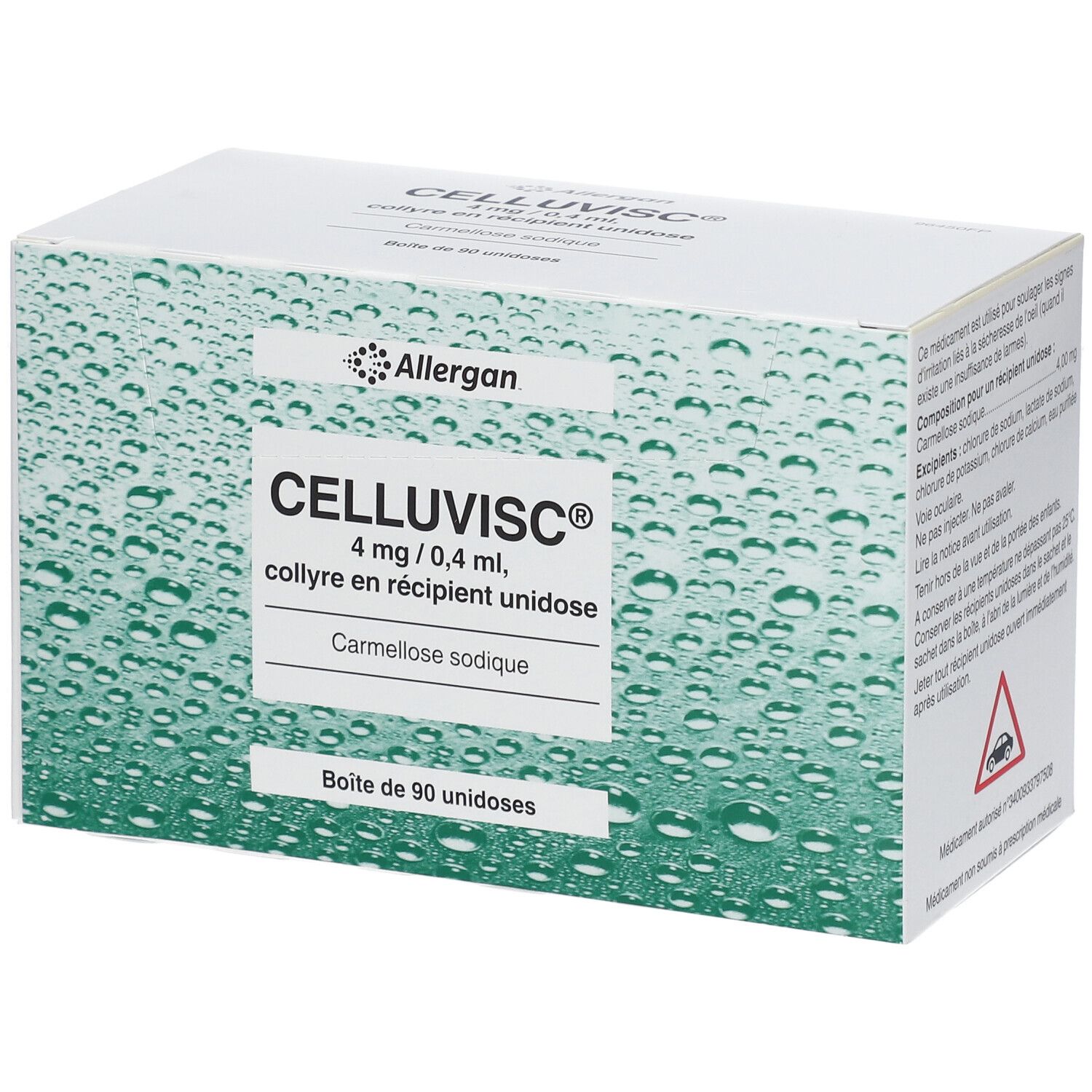 Boîte de Celluvisc® Allergan. Nom du produit, dosage et ingrédients. 90 unidoses. Fond avec gouttes d'eau.