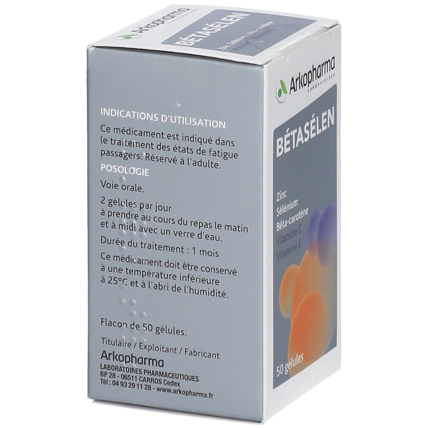 Emballage du produit Bétasélen d'Arkopharma. Dos avec ingrédients et posologie. Fond gris avec texte.