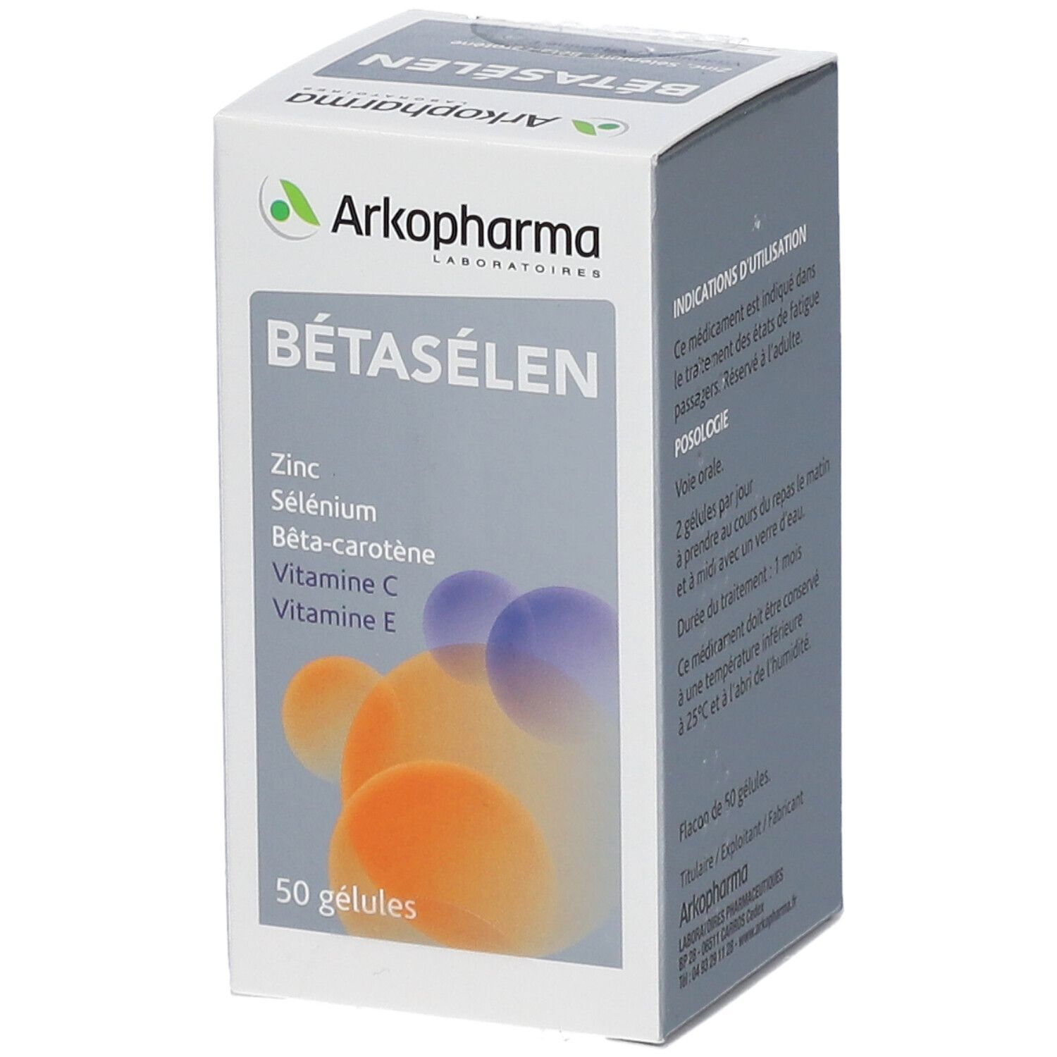 Emballage du produit Bétasélen d'Arkopharma. Dos avec indications, posologie et informations fabricant. 50 gélules.