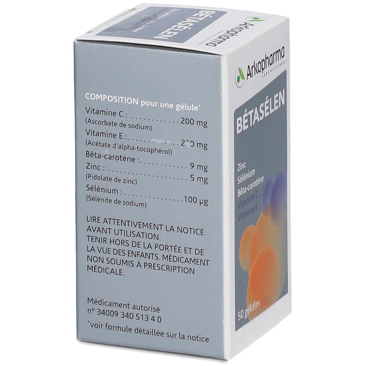 Emballage du produit Bétasélen d'Arkopharma. Boîte blanche avec nom, ingrédients et 50 gélules. Logo en haut à droite.