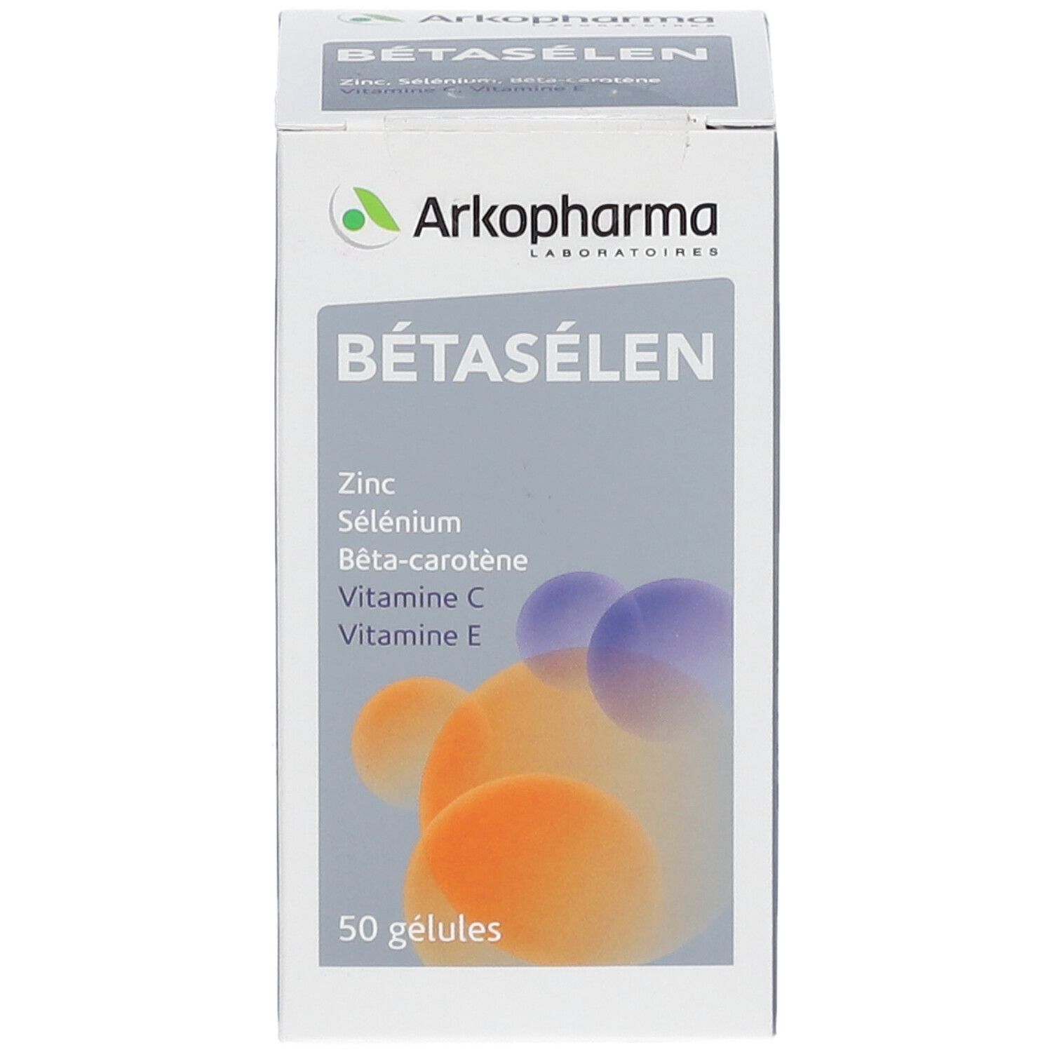 Emballage du produit Bétasélen d'Arkopharma. Boîte blanche avec nom, ingrédients et 50 gélules. Logo en haut à droite.