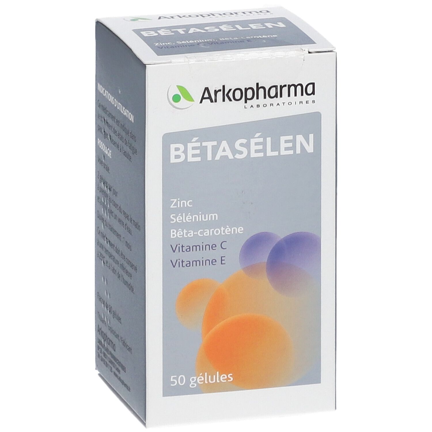 Emballage du produit Bétasélen d'Arkopharma. Boîte blanche avec nom, ingrédients et 50 gélules. Logo en haut à droite.