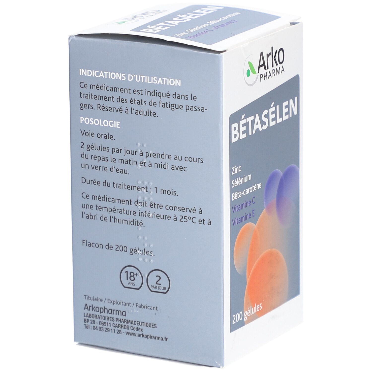 Côté de la boîte de Bétasélen. Contient des informations sur l'utilisation, le dosage et le stockage.