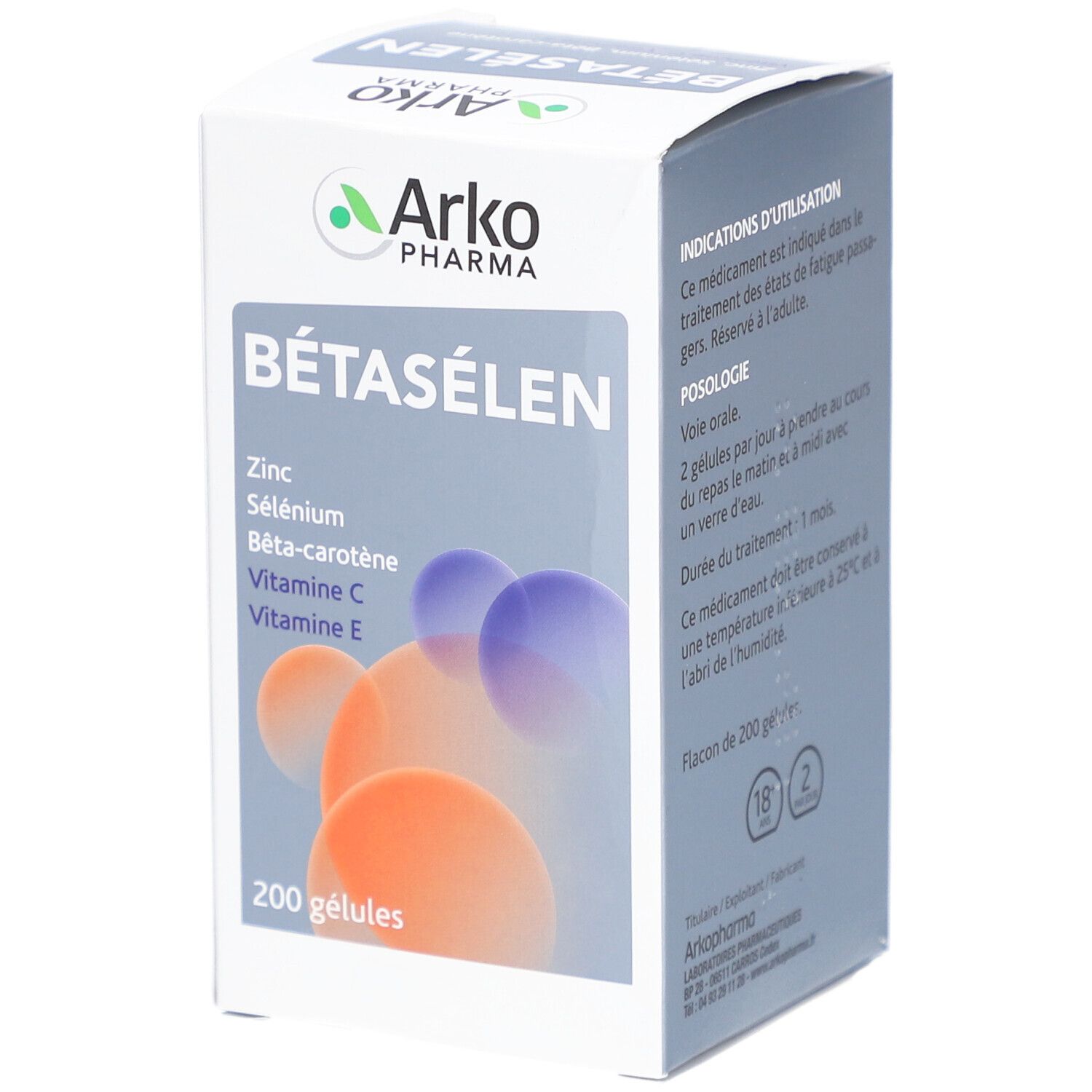 Boîte de Bétasélen Arkopharma. Contient 200 gélules. Ingrédients : Zinc, Sélénium, Bêta-carotène, Vitamine C, Vitamine E.