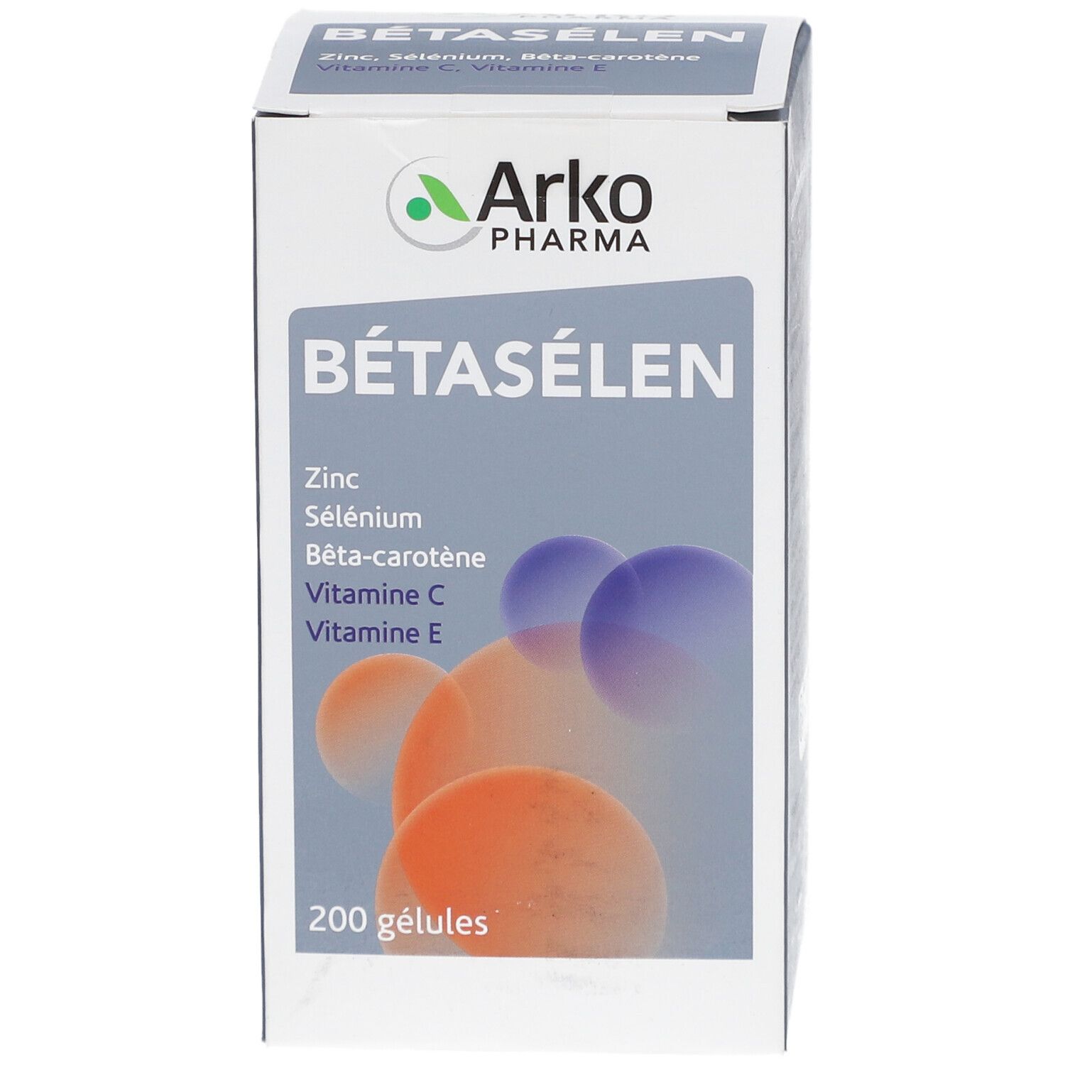Boîte de Bétasélen Arkopharma. Contient 200 gélules. Ingrédients : Zinc, Sélénium, Bêta-carotène, Vitamine C, Vitamine E.