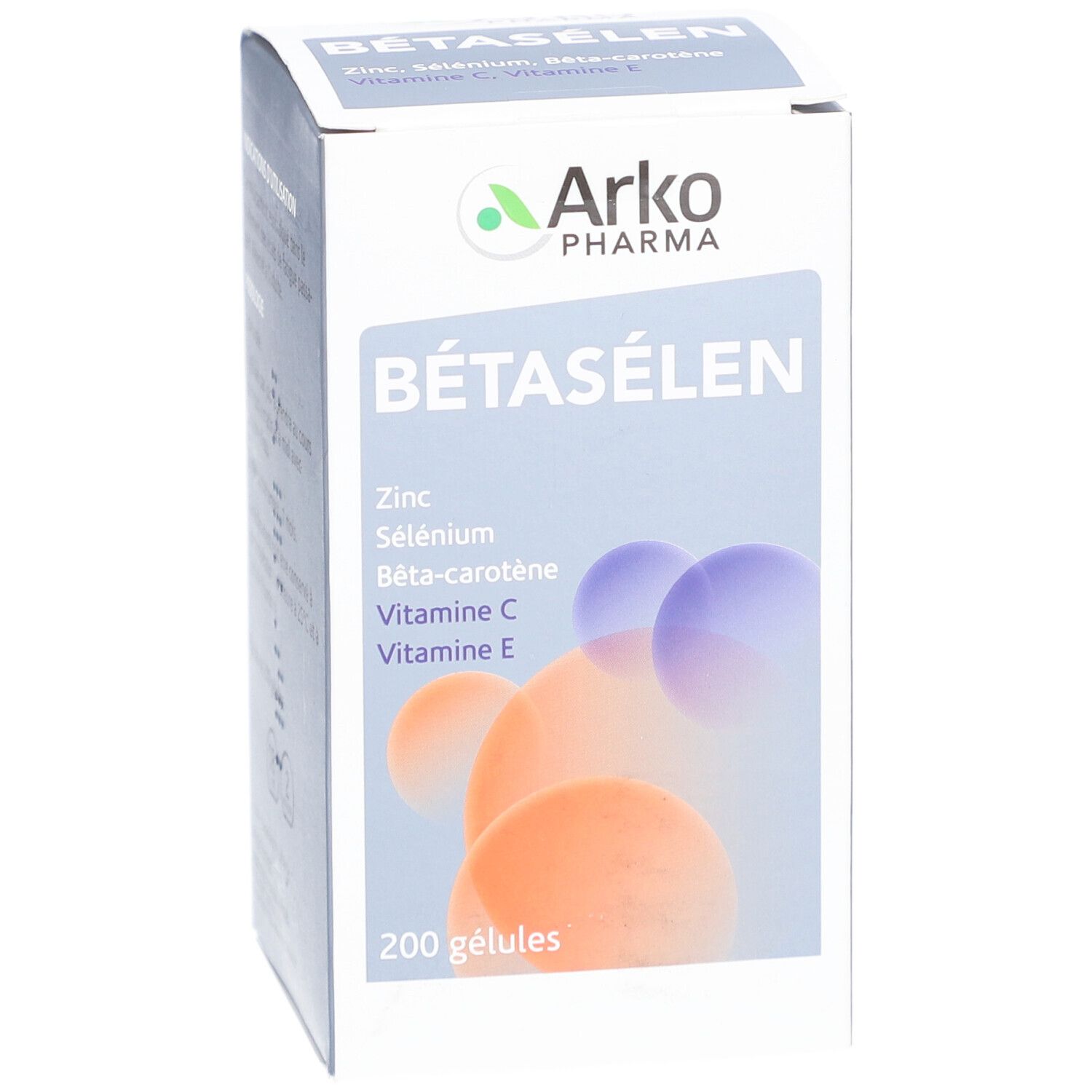 Boîte de Bétasélen Arkopharma. Contient 200 gélules. Ingrédients : Zinc, Sélénium, Bêta-carotène, Vitamine C, Vitamine E.