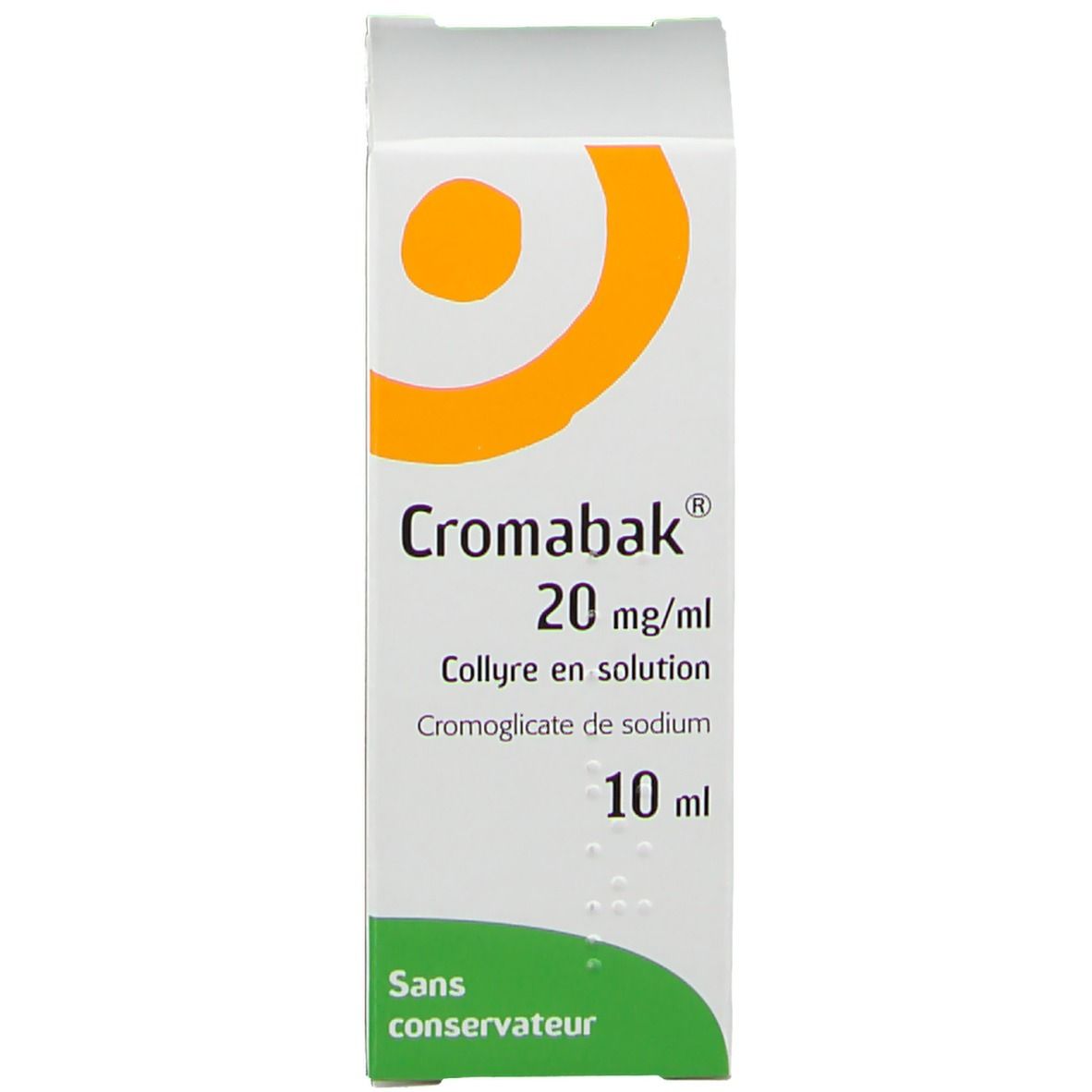 Boîte blanche avec design orange. Inscription: Cromabak 20 mg/ml, 10 ml. Vert: Sans conservateur. Texte en français.