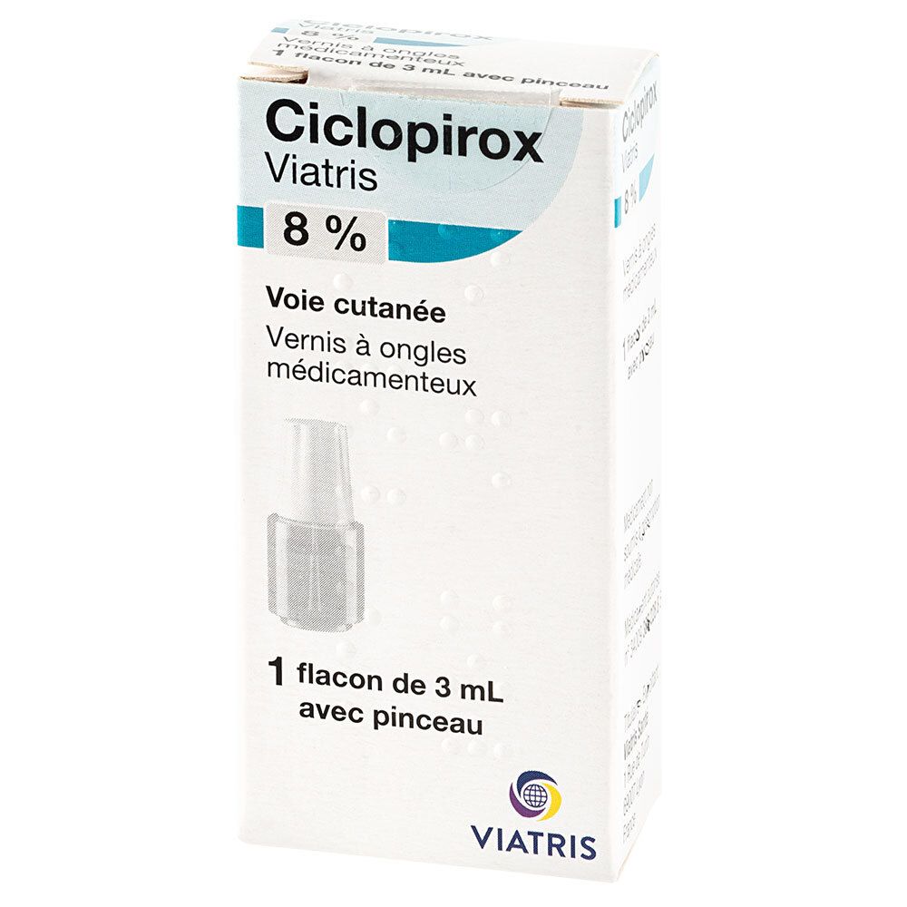 Boîte de CICLOPIROX VIATRIS 8% VERNIS. Contient un flacon avec pinceau. Inscription: Voie cutanée, Vernis à ongles médicamenteux.