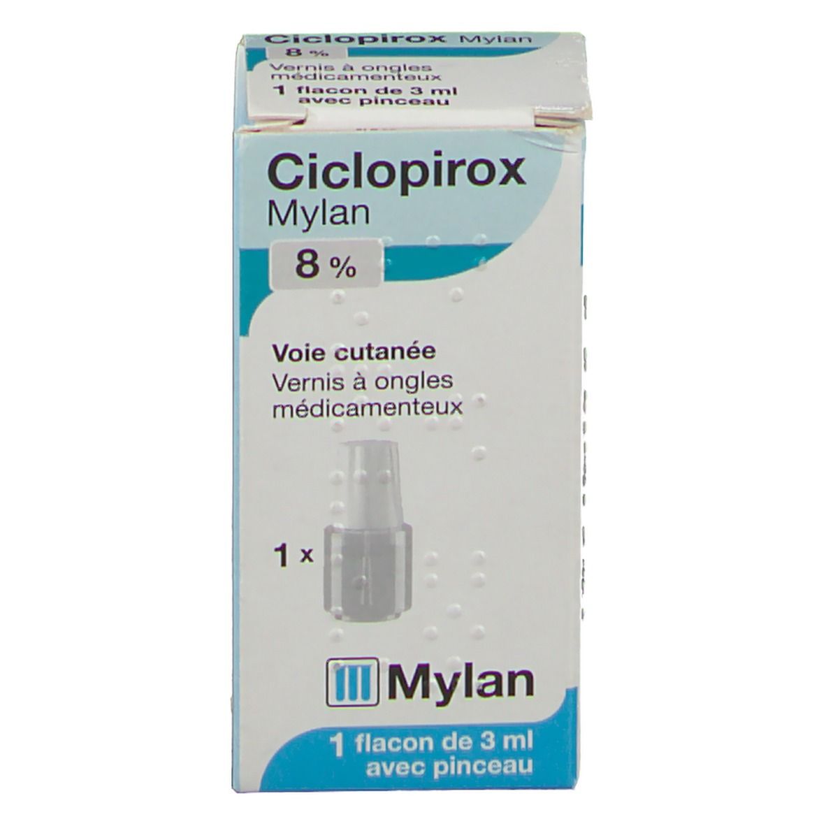 Boîte et flacon de Ciclopirox Mylan 8%. Contient 3 ml de vernis à ongles avec pinceau. Marque: Mylan.