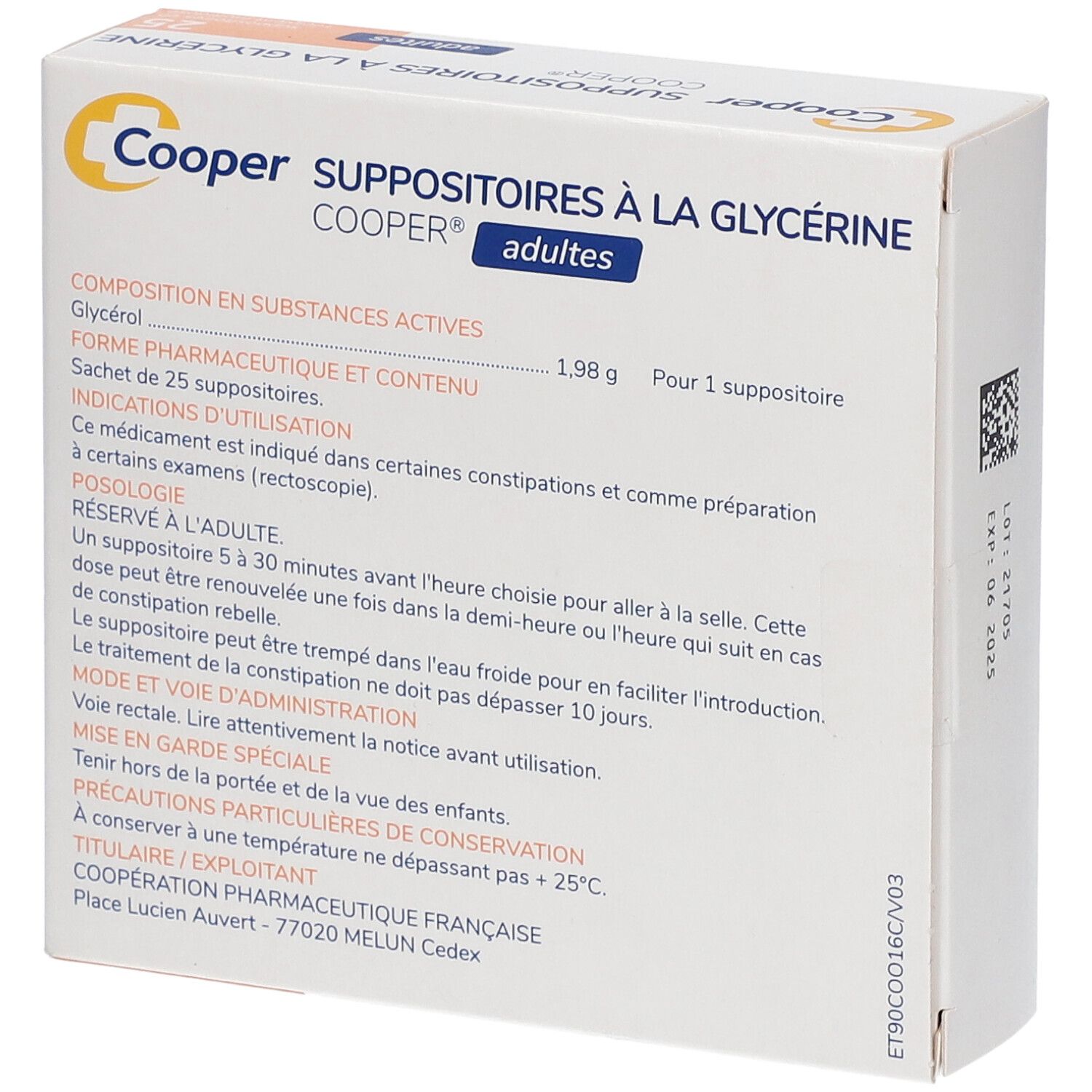 CooperSuppositoires à la Glycerine pour Adultes
