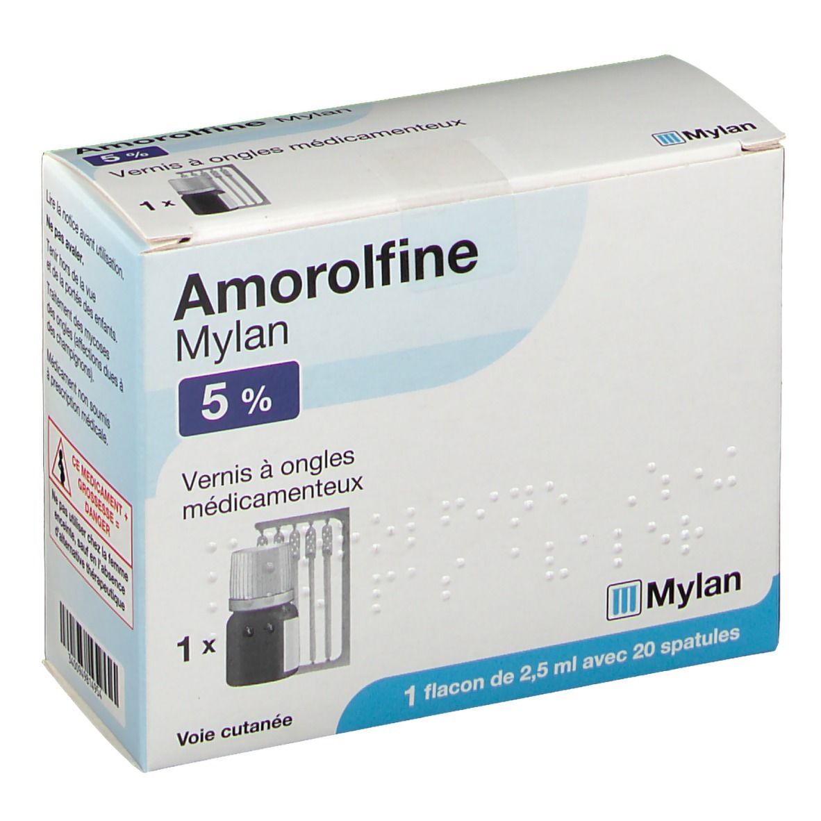 Boîte Amorolfine Mylan 5%. Contient flacon, spatules. Texte: Vernis à ongles médicamenteux.