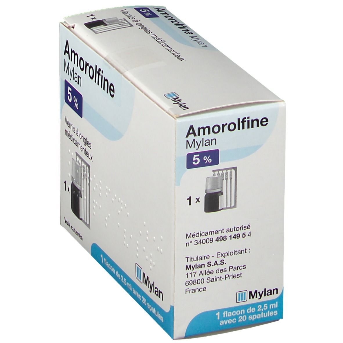 Boîte Amorolfine Mylan 5%. Contient flacon, spatules. Texte: Vernis à ongles médicamenteux.